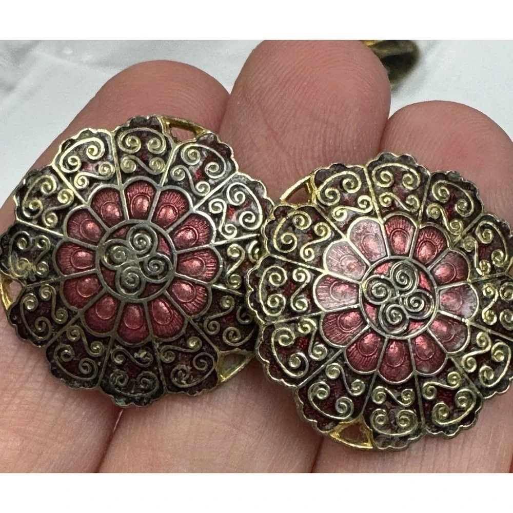 Vintage Red Gold Cloisonne Enamel Clip On Earrings Round Mandala Floral 1 Inch‎